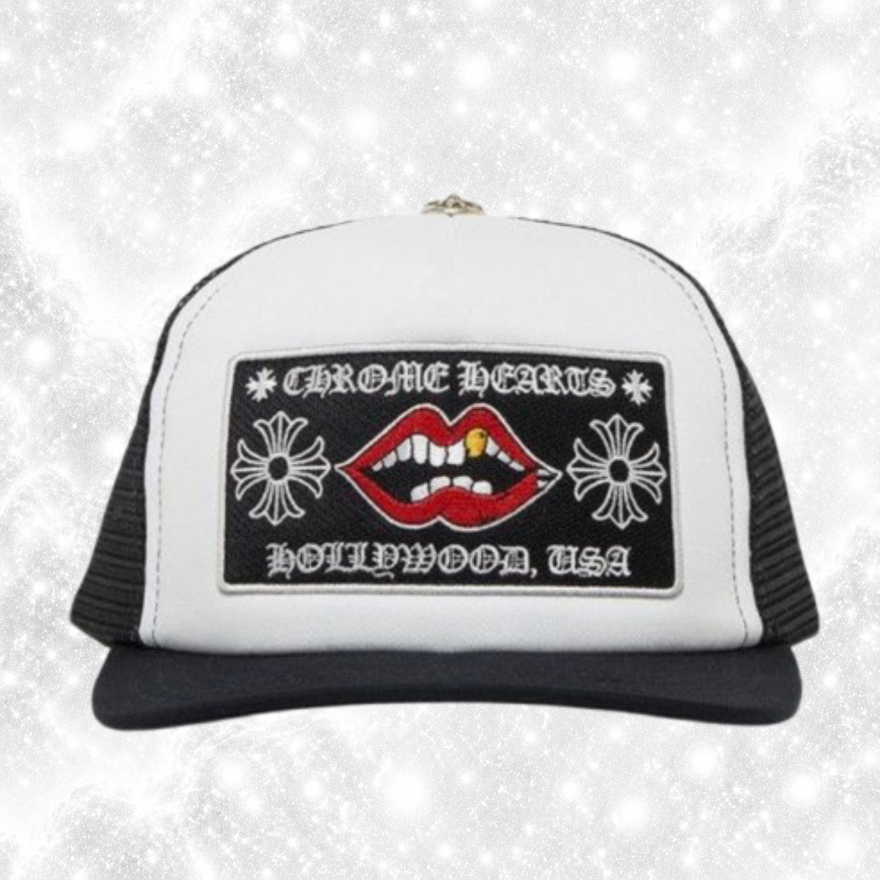 CHR0M3 H34RTS CHOMPER HOLLYWOOD TRUCKER HAT BLACK WHITE