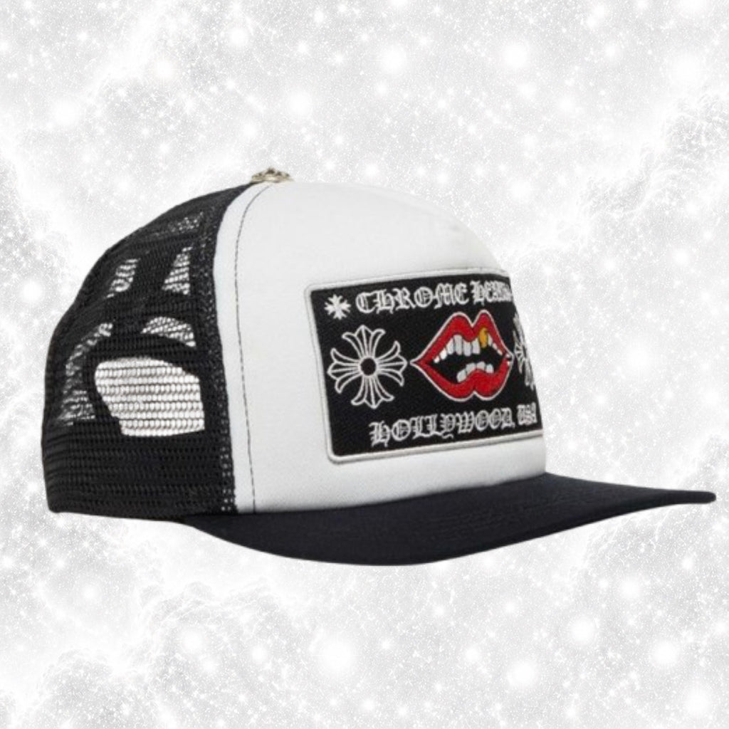 CHR0M3 H34RTS CHOMPER HOLLYWOOD TRUCKER HAT BLACK WHITE